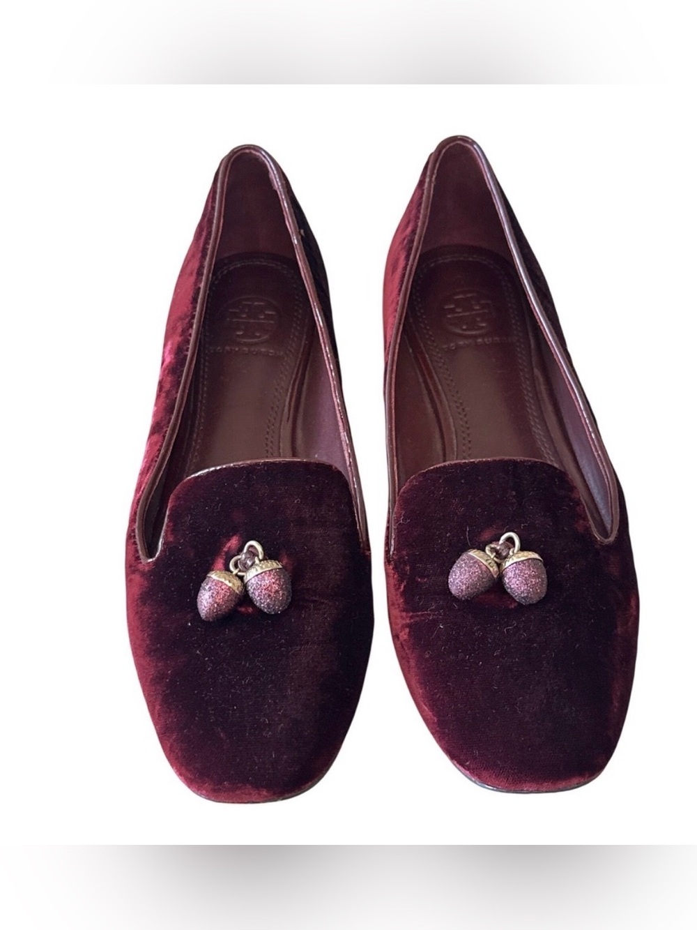Tory Burch Burgundy Velvet Acorn Charm Smoking Slippers‎ Loafers 7